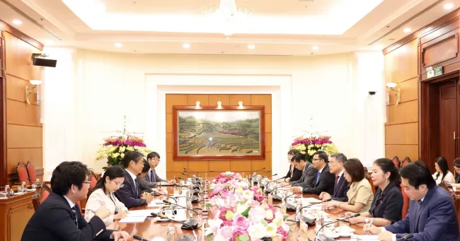 Politburo member, Secretary of the Party Central Committee and Chairman of its Organisation Commission Le Minh Hung (fourth, right) and Japanese Ambassador to Viet Nam Ito Naoki (third, left). (Photo: VNA)