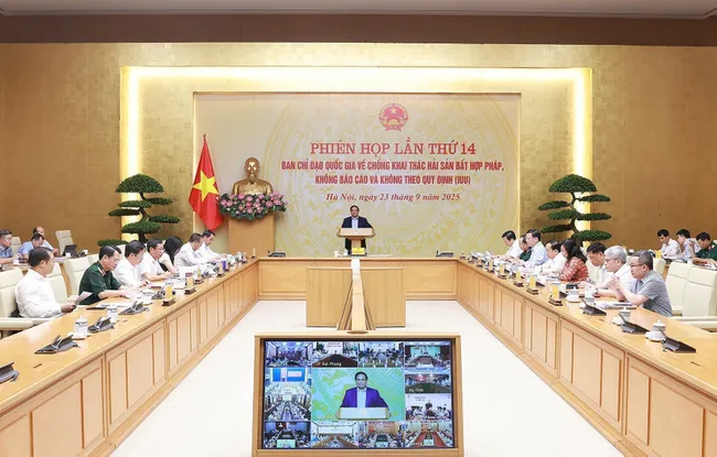 Prime Minister Pham Minh Chinh speaks at the 14th meeting of the National Steering Committee for IUU Fishing Prevention and Control in Hanoi on September 23, 2025. (Photo: VNA)