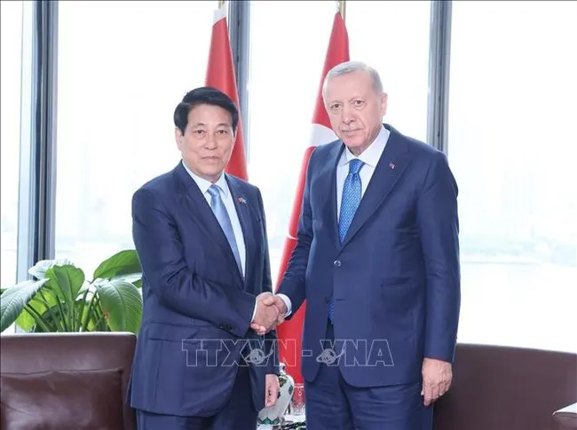 Vietnamese President Luong Cuong (L) and Turkish President Recep Tayyip Erdoğan at their meeting in New York on September 24 (Photo: VNA)