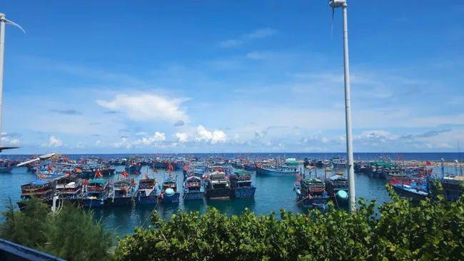 At Sinh Ton Island’s harbour, in the Truong Sa (Spratly) Archipelago, fishing vessels are organised and sheltered from storms.
