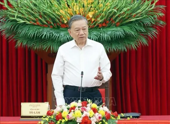 Party General Secretary To Lam speaks at the working session with the Party Committees of the Ministry of Foreign Affairs and relevant agencies on September 15 (Photo: VNA)