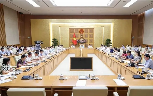 Prime Minister Pham Minh Chinh chairs a meeting to address difficulties and obstacles in the standardisation and conformity assessment of products and goods. (Photo: VNA)