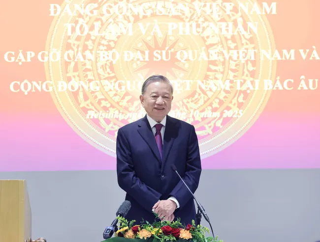 Party General Secretary To Lam speaks at the meeting with representatives of the Vietnamese embassies and communities in Nordic countries in Helsinki on October 21. (Photo: VNA)