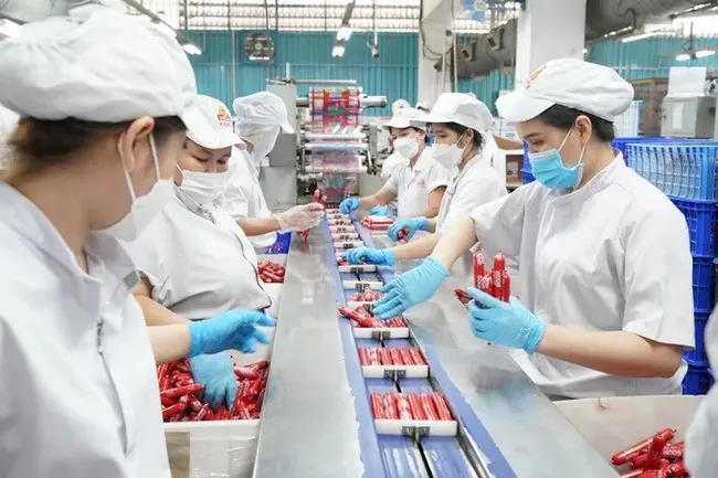 Product packaging line at the Vietnam Meat Industries Joint Stock Company (Vissan). (Photo: VNA)