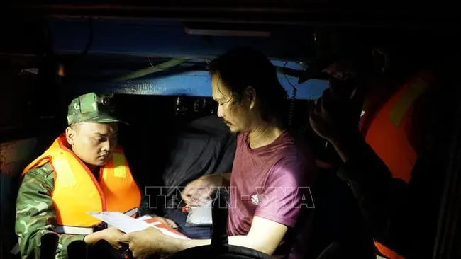A border guard of Gia Lai province examines fishing vessel documents. (Photo: VNA)