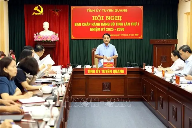 Secretary of the Tuyen Quang provincial Party Committee Hau A Lenh (centre) speaks at the meeting. (Photo: VNA)