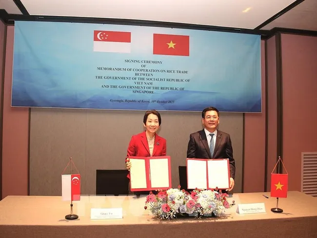 The signing ceremony of the MOC on rice trade between Vietnam and Singapore on October 30 (Photo: VNA)