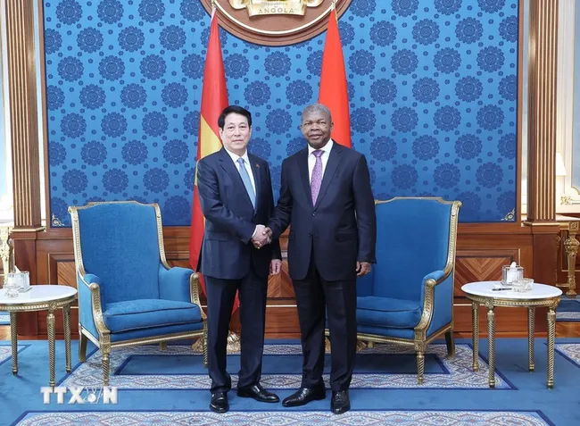 State President Luong Cuong (left) meets with Angolan President João Manuel Gonçalves Lourenço during his state visit to Angola in August 2025. (Photo: VNA)