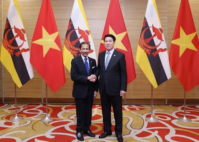 State President Luong Cuong (R) welcomes Sultan of Brunei Haji Hassanal Bolkiah (Photo: VNA)