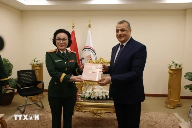 At the meeting between Deputy Chief of the General Department of Defence Industry Maj. Gen Phan Thi Hoai Van (left) and Egyptian Minister of State for Military Production Mohamed Salah El-Din Mostafa in Cairo. (Photo: VNA)