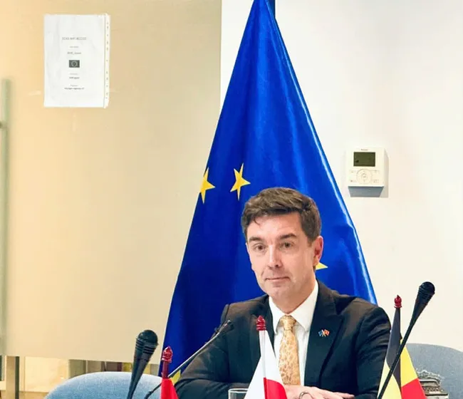 EU Ambassador to Vietnam Julien Guerrier at a press briefing in Hanoi on January 26 (Photo courtesy of the Delegation of the European Union to Vietnam)