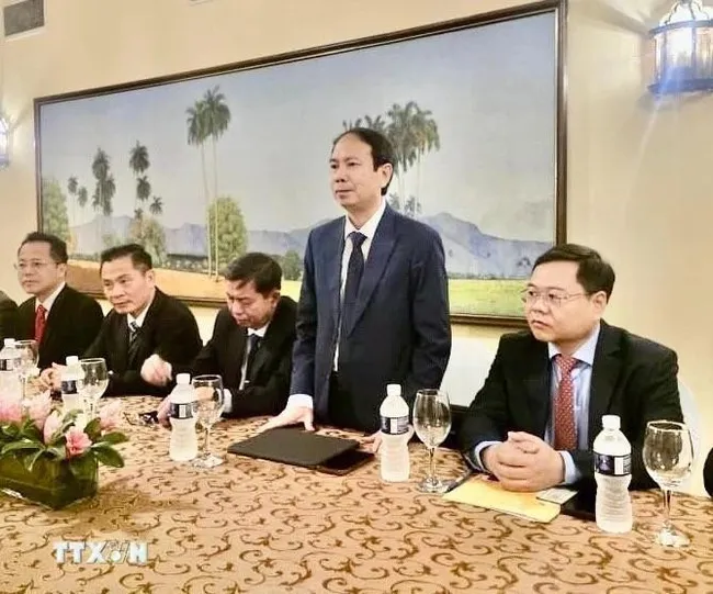 Nguyen Thanh Tung, head of the VEPH delegation, speaks at the meeting with Cuban Vice Minister of Higher Education Reynaldo Veláquez Zaldivar. (Photo published by VNA)