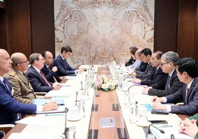 At the meeting between Politburo member and Minister of Foreign Affairs Le Hoai Trung and his Cuban counterpart Bruno Rodríguez Parrilla (Photo: VNA)