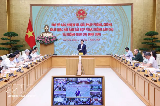 Deputy Prime Minister Tran Hong Ha speaks at the hybrid meeting with 22 coastal provinces and cities as well as Tay Ninh province on March 27. (Photo: VNA)