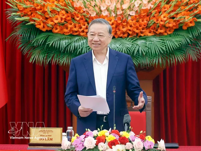 Party General Secretary To Lam speaks at the working session between the steering committee and members of the editorial teams, scientists, experts and relevant agencies. (Photo: VNA)