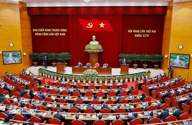 A view of the opening session of the 2nd meeting of the 14th Central Committee of the Communist Party of Vietnam. (Photo: VNA)