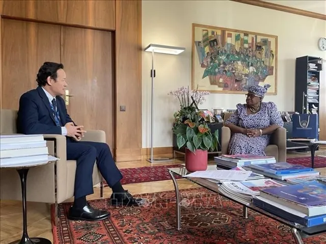 Ambassador and Head of the Vietnamese Mission to the World Trade Organisation (WTO) Mai Phan Dung meets with WTO Director-General Ngozi Okonjo-Iweala on April 10, 2026. Photo: VNA