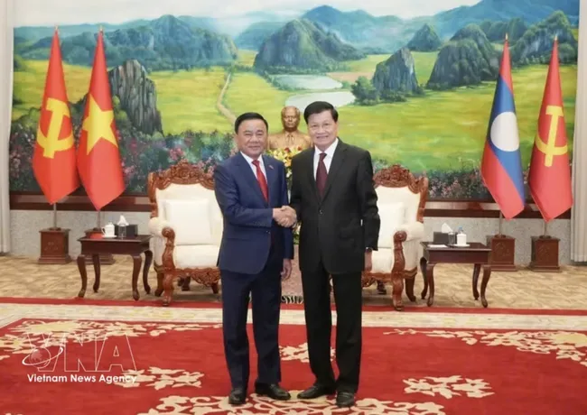 Politburo member and Permanent member of the Party Central Committee’s Secretariat Tran Cam Tu meets with Party General Secretary and President of Laos Thongloun Sisoulith. Photo: VNA