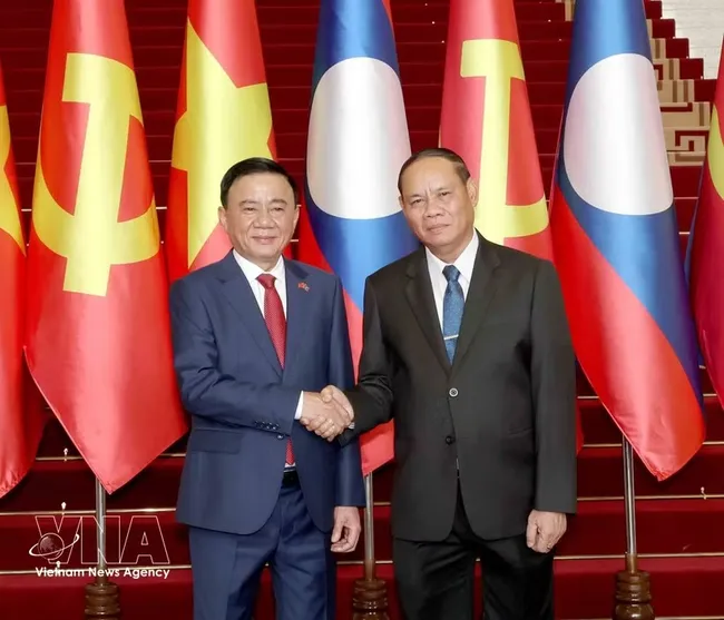 Politburo member and Permanent member of the LPRP Central Committee’s Secretariat Vilay Lakhamphong (R) welcomes Politburo member and Permanent member of the Communist Party of Vietnam Central Committee’s Secretariat Tran Cam Tu (Photo: VNA)
