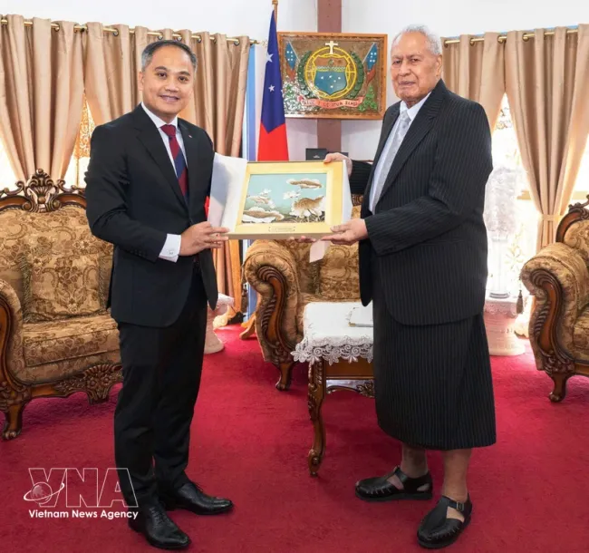 Vietnamese Ambassador to New Zealand Phan Minh Giang (L), who is concurrently in charge of Samoa, presents his credentials to Head of the Independent State of Samoa Tuimalealiifano Va’aletoa Sualauvi II in Apia on April 21. (Photo: VNA)
