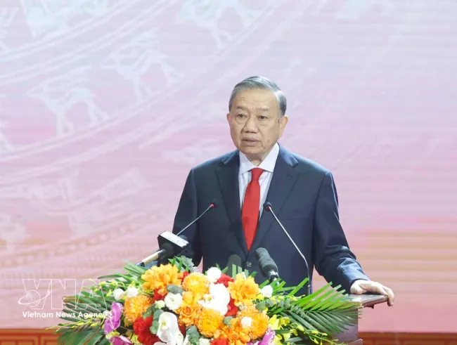 Party General Secretary and State President To Lam speaks at the ceremony marking the 120th birth anniversary of late Party General Secretary Ha Huy Tap (April 24, 1906 – 2026) in Ha Tinh province on April 21, 2026. (Photo: VNA)