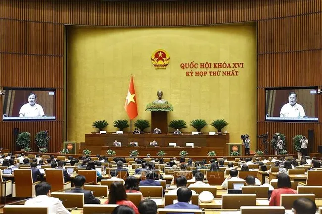 An overview of a plenary discussion at the first session of the 16th National Assembly (Photo: VNA)