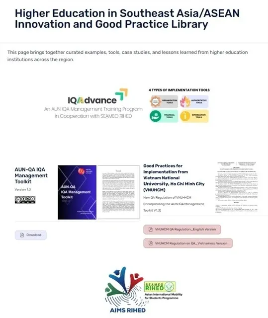 A screenshot from the SEAMEO RIHED website features VNU-HCM’s newly issued Regulation on Education Quality Assurance. (Photo courtesy of VNU-HCM)