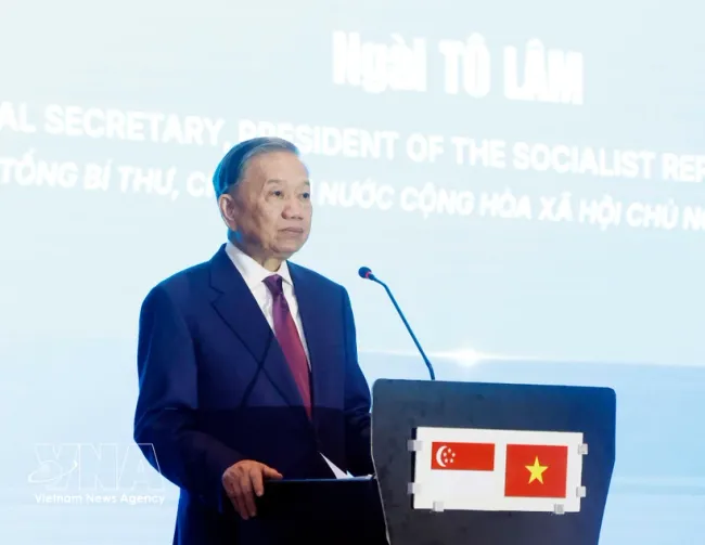 General Secretary of the Communist Party of Vietnam Central Committee To Lam and State President To Lam addresses the Vietnam–Singapore Tech Connect Forum in Singapore on May 29 (Photo: VNA)