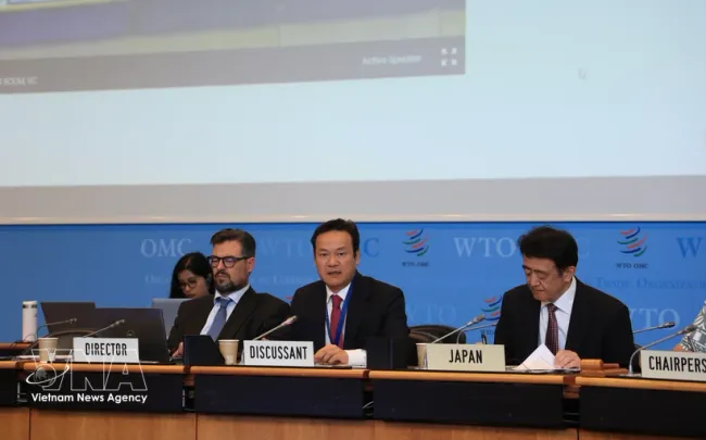 Ambassador Mai Phan Dung, head of Vietnam’s Permanent Mission in Geneva, addresses the 16th Trade Policy Review session of Japan at the WTO. (Photo: VNA)