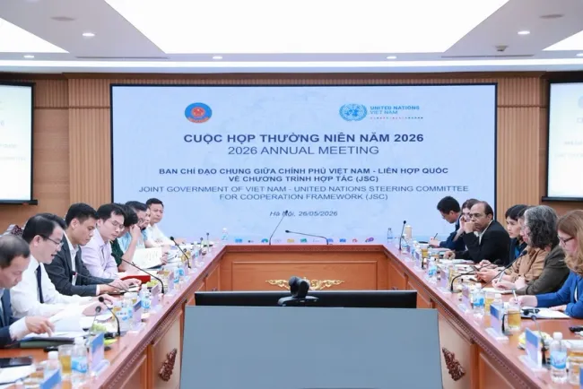 Deputy Minister of Finance Tran Quoc Phuong and Acting UN Resident Coordinator in Vietnam Silvia Danailov co-chair the 2026 annual meeting of the Vietnamese Government – United Nations Joint Steering Committee. (Photo: tapchikinhtetaichinh.vn)