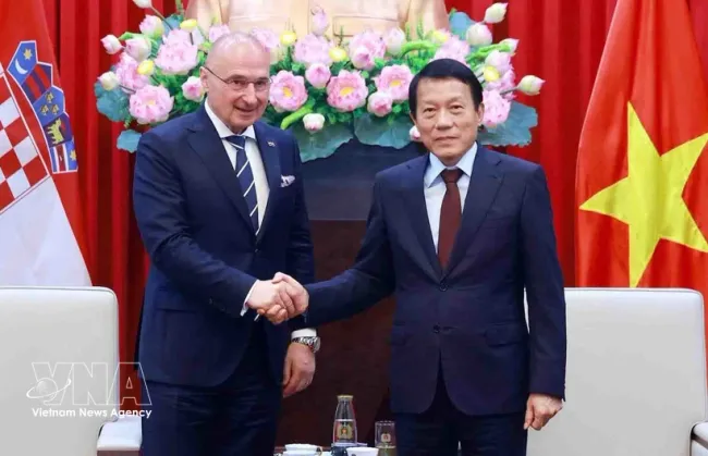 Minister of Public Security Luong Tam Quang (right) and Croatian Minister of Foreign and European Affairs Gordan Grlić Radman at their meeting in Hanoi on May 19 (Photo: VNA)