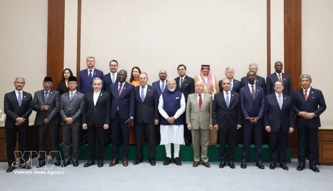 Ministers and deputy ministers from BRICS member and partner countries pose for a group photo while attending the Expanded BRICS Foreign Ministers' Meeting in India on May 14. (Photo: VNA)