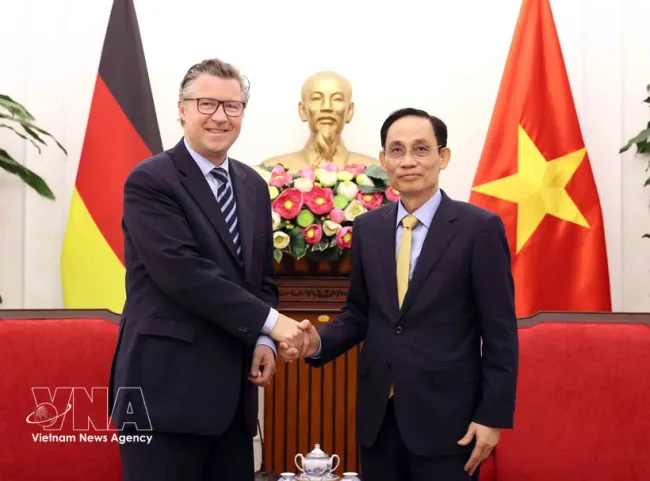 Minister of Foreign Affairs Le Hoai Trung (right) receives State Secretary of the German Federal Foreign Office Geza Andreas von Geyr in Hanoi on June 11 (Photo: VNA)