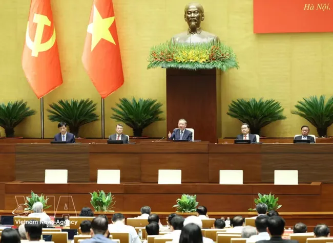 Party General Secretary and State President To Lam (centre) chairs the conference. (Photo: VNA)