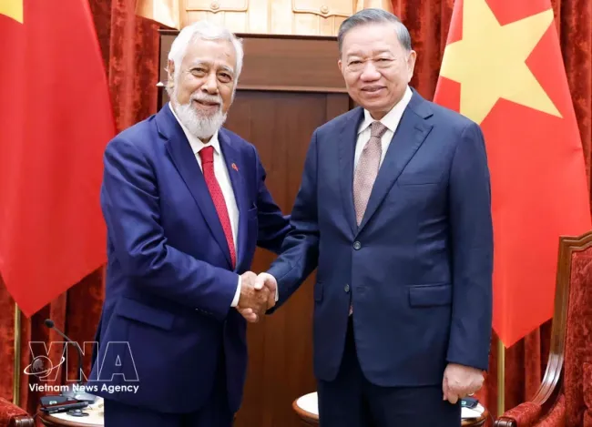 General Secretary of the Communist Party of Vietnam (CPV) Central Committee and State President To Lam (right) and Prime Minister of Timor-Leste Kay Rala Xanana Gusmão at their meeting in Hanoi on June 10 (Photo: VNA)