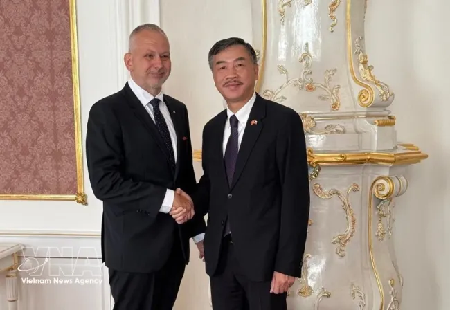 Vietnamese Ambassador to the Czech Republic Duong Hoai Nam (R) and Chairperson of the Czech Republic – Vietnam Interparliamentary Friendship Group Tomas Helebrant, at the Czech Chamber of Deputies headquarters on June 25, 2026. (Photo: VNA)