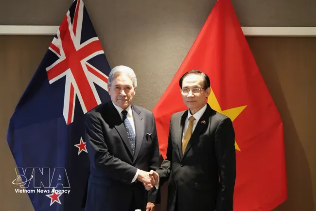 Minister of Foreign Affairs Le Hoai Trung (R) and his New Zealand counterpart Winston Peters at the fourth Vietnam–New Zealand Foreign Ministers’ Meeting (FMM-4) in Auckland on August 13 (Photo: VNA)