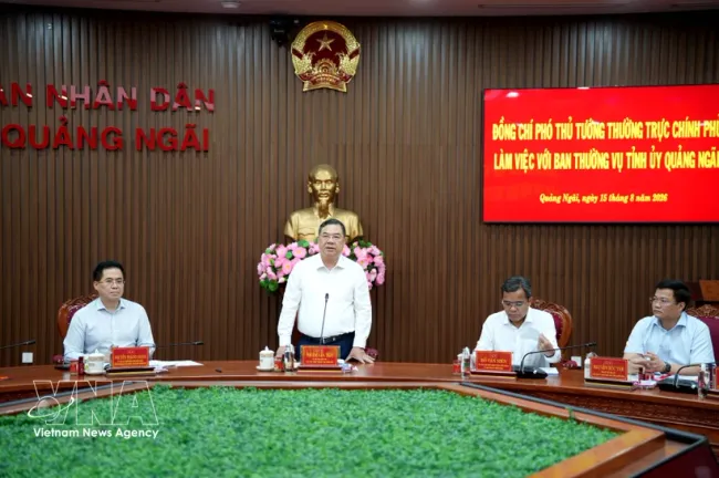Standing Deputy Prime Minister Pham Gia Tuc (standing) speaks at the working session on August 15. (Photo: VNA)