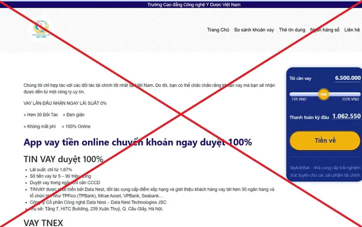Giả mạo website Trường Cao đẳng Công nghệ Y – Dược Việt Nam để quảng cáo vay tiền