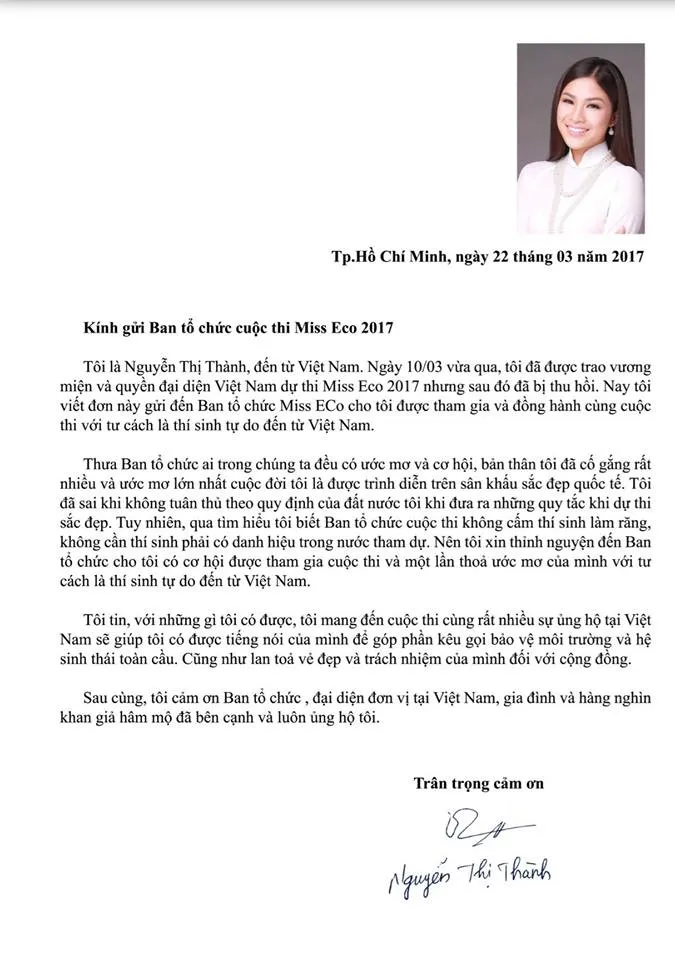 Nguyễn Thị Thành thẳng thừng phủ nhận thi chui Miss Eco International 2017, trốn lệnh triệu tập - Ảnh 2. Nguyễn Thị Thành thẳng thừng phủ nhận thi chui Miss Eco International 2017, trốn lệnh triệu tập - Ảnh 2.