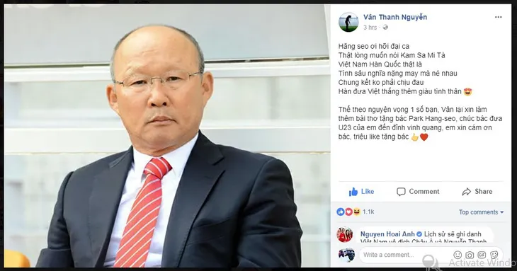 MC Thanh Vân Hugo làm thơ tặng HLV Park Hang-Seo, cổ vũ đội tuyển U23 Việt Nam - Ảnh 1. MC Thanh Vân Hugo làm thơ tặng HLV Park Hang-Seo, cổ vũ đội tuyển U23 Việt Nam - Ảnh 1.
