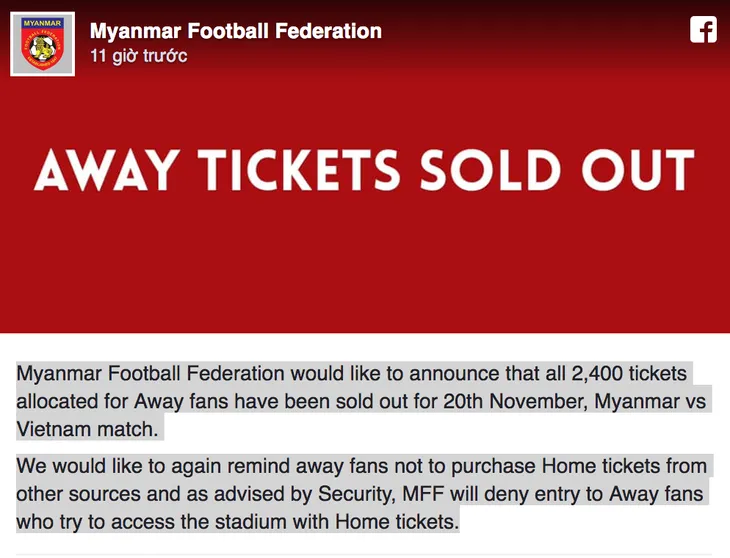 AFF Cup 2018: Cháy vé sân khách trận Myanmar - Việt Nam - Ảnh 1. AFF Cup 2018: Cháy vé sân khách trận Myanmar - Việt Nam - Ảnh 1.
