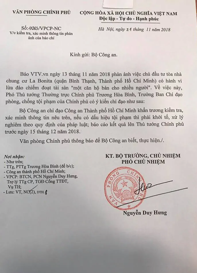 Chính phủ chỉ đạo làm rõ vụ chung cư La Bonita lừa bán cho nhiều người - Ảnh 1. Chính phủ chỉ đạo làm rõ vụ chung cư La Bonita lừa bán cho nhiều người - Ảnh 1.