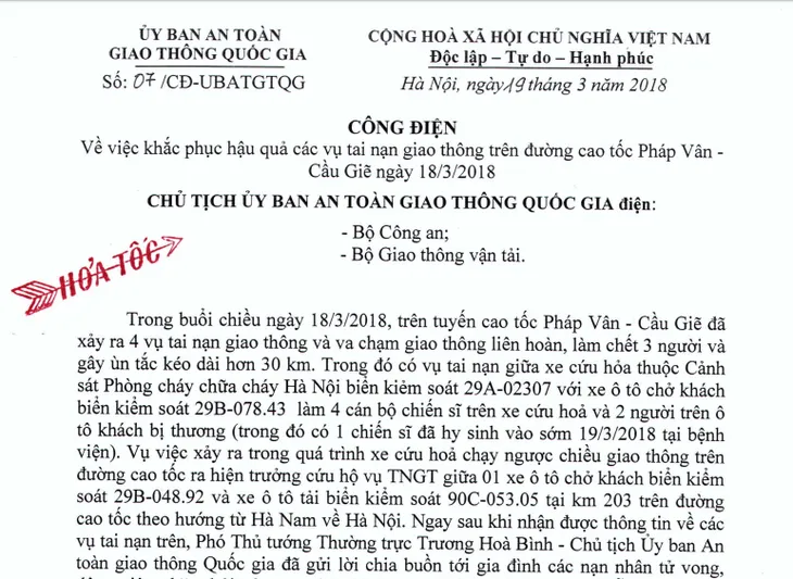 Liên tiếp TNGT trên cao tốc Pháp Vân - Cầu Giẽ, Ủy ban ATGT có công điện hỏa tốc - Ảnh 2. Liên tiếp TNGT trên cao tốc Pháp Vân - Cầu Giẽ, Ủy ban ATGT có công điện hỏa tốc - Ảnh 2.