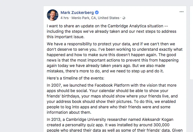 Ông chủ Facebook lên tiếng giữa tâm bão bê bối dữ liệu, thừa nhận mắc sai lầm - Ảnh 1. Ông chủ Facebook lên tiếng giữa tâm bão bê bối dữ liệu, thừa nhận mắc sai lầm - Ảnh 1.