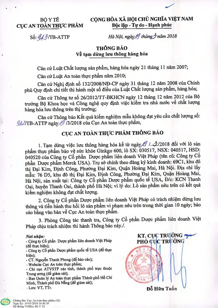 Tạm dừng lưu thông 2 lô thực phẩm Siro High Pro và Ginkgo 600 - Ảnh 2. Tạm dừng lưu thông 2 lô thực phẩm Siro High Pro và Ginkgo 600 - Ảnh 2.