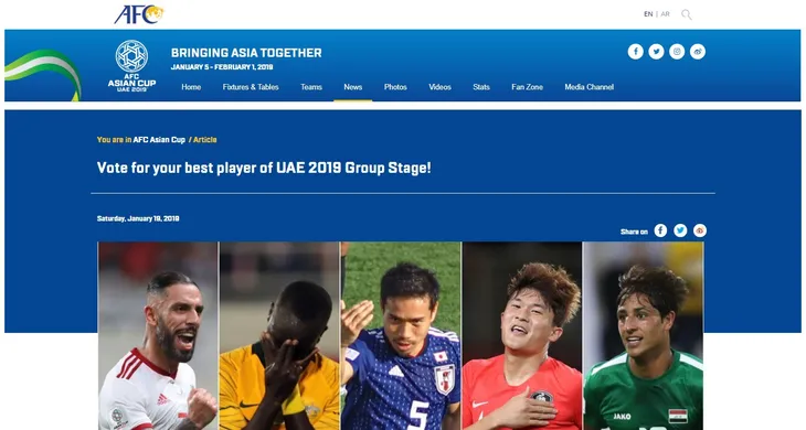 Asian Cup 2019: Quang Hải xuất sắc nhất vòng bảng với lượt bình chọn áp đảo - Ảnh 1. Asian Cup 2019: Quang Hải xuất sắc nhất vòng bảng với lượt bình chọn áp đảo - Ảnh 1.