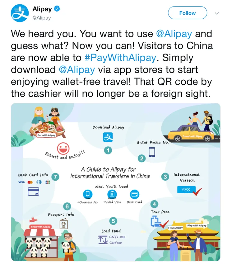 Du khách nước ngoài tới Trung Quốc đã có thể sử dụng ví điện tử Alipay để thanh toán - Ảnh 1. Du khách nước ngoài tới Trung Quốc đã có thể sử dụng ví điện tử Alipay để thanh toán - Ảnh 1.