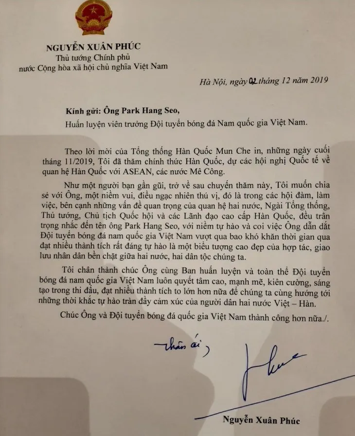 Thủ tướng gửi thư động viên HLV Park Hang-seo và chúc đoàn thể thao Việt Nam thành công - Ảnh 1. Thủ tướng gửi thư động viên HLV Park Hang-seo và chúc đoàn thể thao Việt Nam thành công - Ảnh 1.