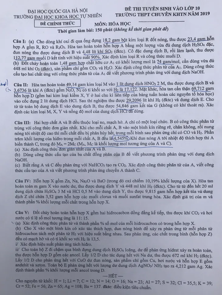 Đề thi Hóa Học vào lớp 10 chuyên KHTN 2019 đáp ứng yêu cầu chọn học sinh giỏi - Ảnh 1.